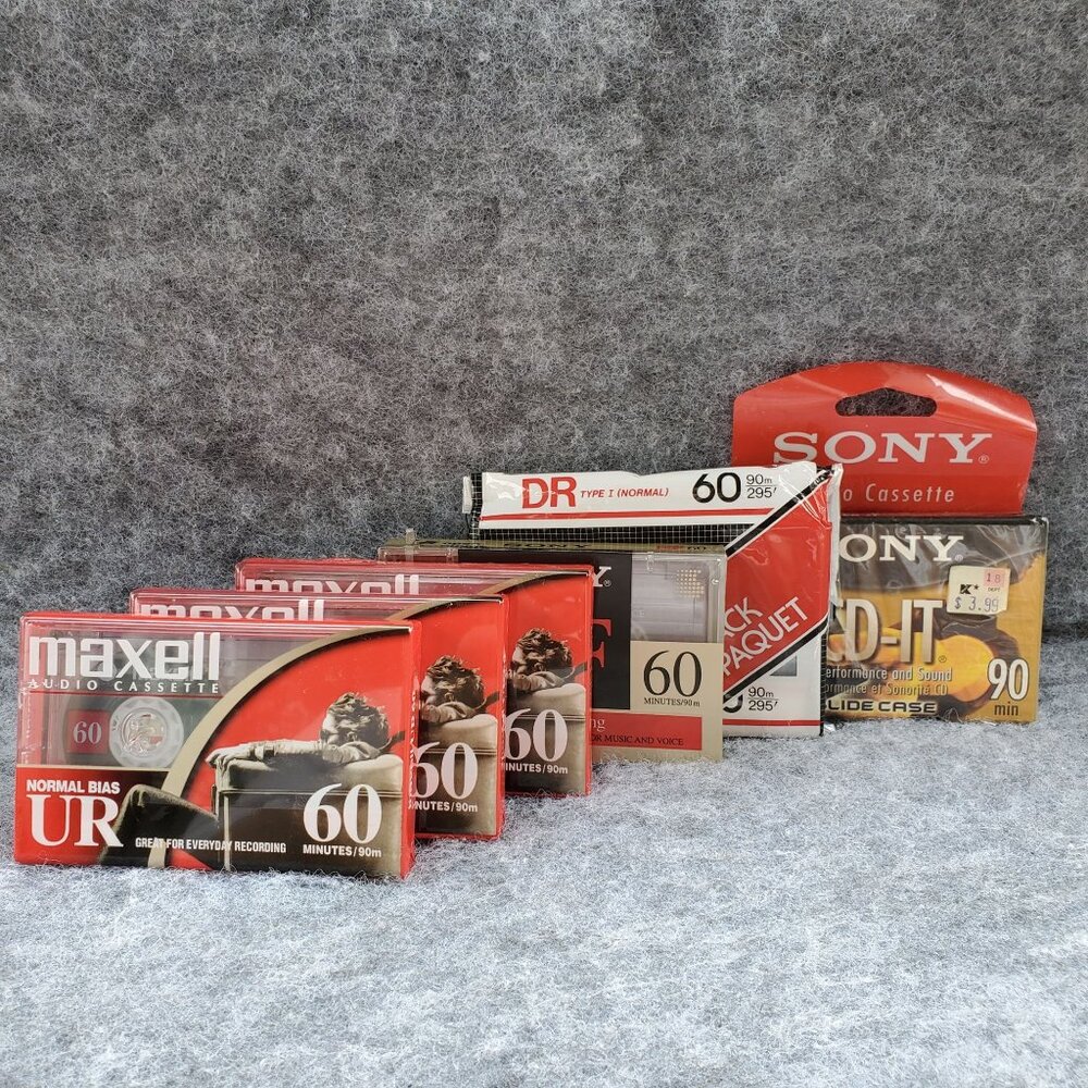 Maxell Fuji Sony Blank Audio Cassette Tapes, New, Five 60 Min, One 90 Min